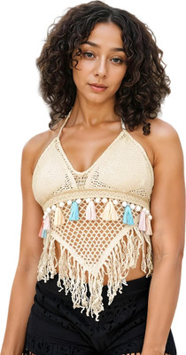 LQZ Casual Solid Women Beige Top