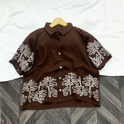 HIYAN TEXTLIES Casual Embroidered Women Brown Top