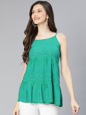 OXOLLOXO Casual Embroidered Women Green Top