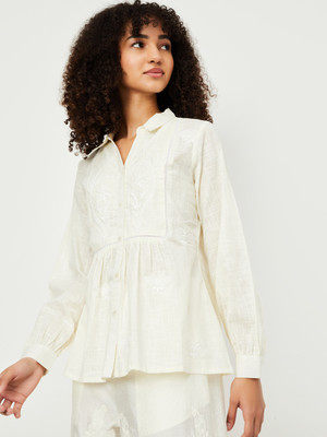 MAX Women Embroidered Casual Beige Shirt
