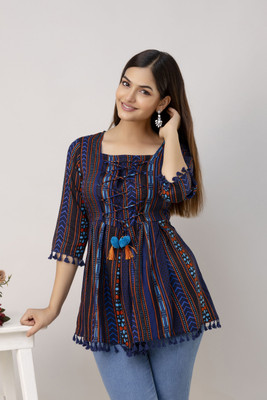 HouseOfCommon Party Printed Women Blue Top