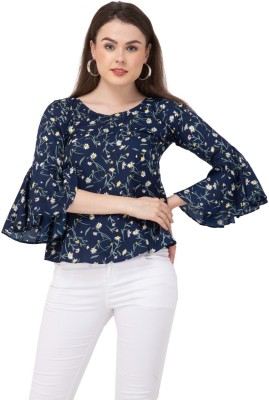 Apshru Casual Floral Print Women Blue Top