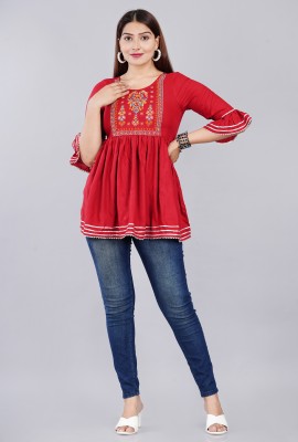 HANUTEE FAB Casual Embroidered Women Maroon Top