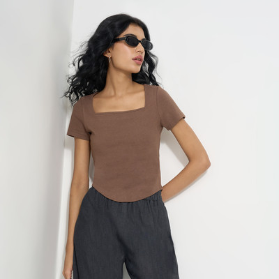 SF Jeans by Pantaloons Casual Solid Women Brown Top