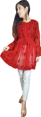 ADR CHIKANKARI Casual Embroidered Women Red Top