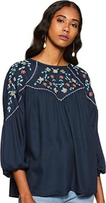 Glam & Chique Casual Embroidered Women Blue Top