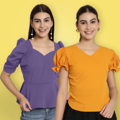 METRONAUT Casual Solid Women Purple, Yellow Top