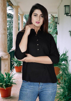 Moda Casa Casual Solid Women Black Top