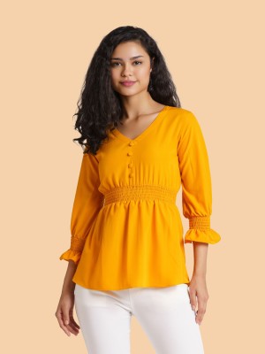 AASK Casual Solid Women Yellow Top