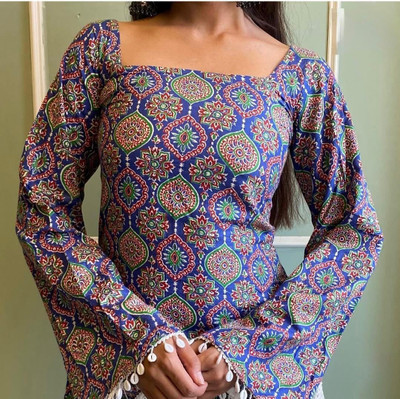 KUNJOO Casual Printed, Ethnic Motifs, Geometric Print Women Blue Top