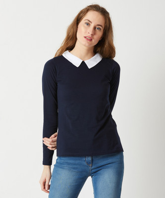 Miss Chase Casual Regular Sleeve Color Block Women Blue Top