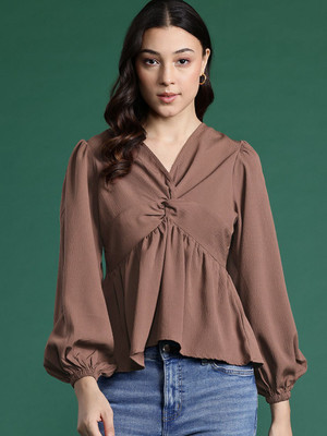 Dressberry Casual Solid Women Brown Top