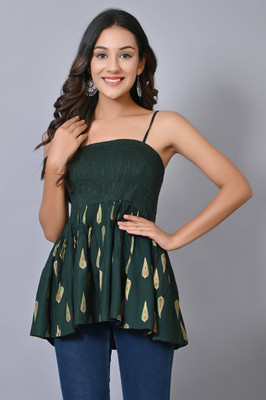 VYMO Casual Printed Women Dark Green Top