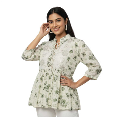 arexclusive Formal Floral Print, Printed Women Green Top