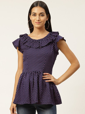 IQRAAR Casual Polka Print Women Dark Blue Top
