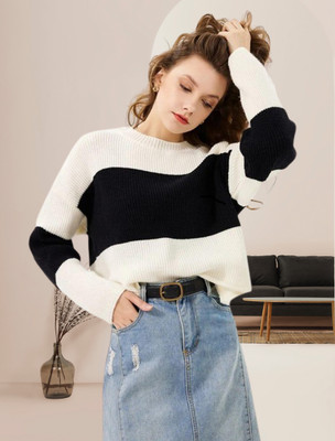 Amreliya Style Colorblock Women Round Neck Black, White T-Shirt