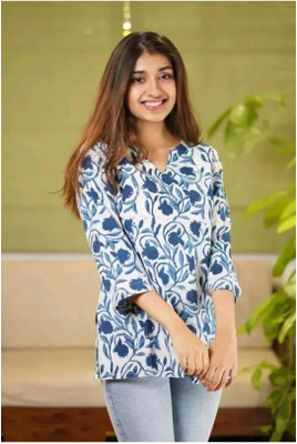 gobya Formal Printed Women White, Blue Top