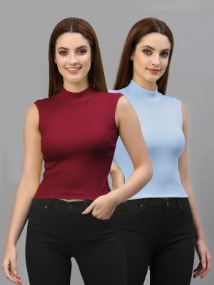 FRISKERS Casual Solid Women Maroon, Light Blue Top