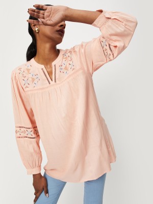 MAX Casual Embroidered Women Orange Top