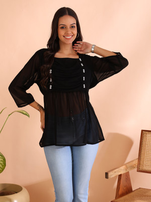IKRASS Casual Solid Women Black Top