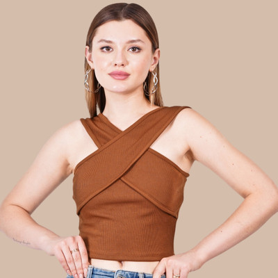 Styvibe Casual Self Design Women Brown Top
