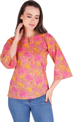 Seven Buttons Casual Printed Women Pink Top