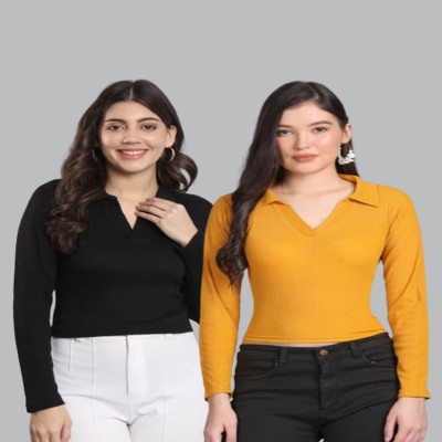 ZAVERA Casual Solid Women Black, Yellow Top