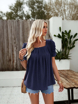 OUTZIDR Casual Self Design Women Blue Top