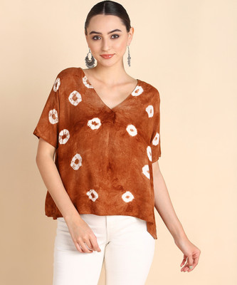 maaesa Casual Tie & Dye Women Brown Top