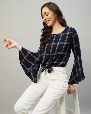 Chimpaaanzee Casual Bell Sleeve Checkered Women Blue Top