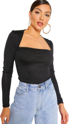 PUERY Casual Self Design Women Black Top