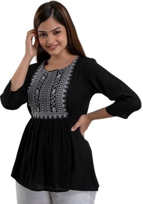 Bobby Hill Casual Embroidered Women Black Top