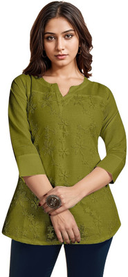 ITS YOU CREATION Casual Embroidered, Floral Print Women Green Top