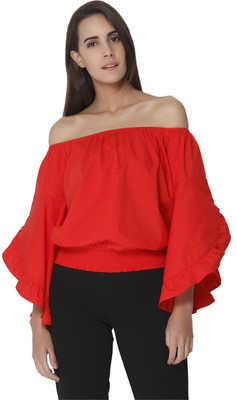 VERO MODA Casual Bell Sleeve Solid Women Red Top