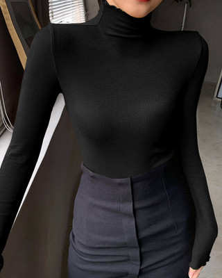 EyeBogler Solid Women High Neck Black T-Shirt