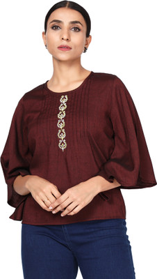 LINGRA Casual Embroidered Women Red Top