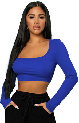 THE BLAZZE Casual Solid Women Dark Blue Top