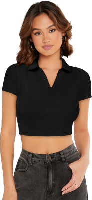 PINZY Casual Solid Women Black Top