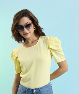 Tokyo Talkies Casual Solid Women Yellow Top