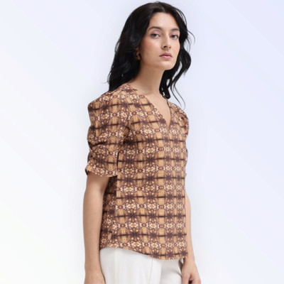 KALLAXI Casual Self Design Women Brown Top