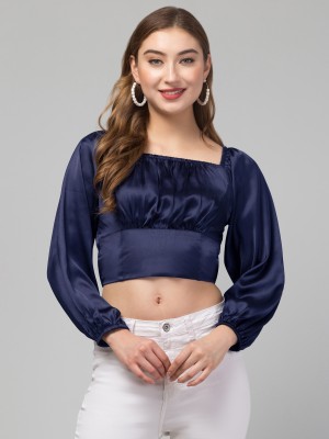 A.L.K Casual Solid Women Dark Blue Top