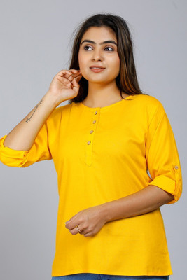 IRK Fashion Casual Solid Women Yellow Top