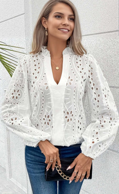OUTZIDR Casual Embroidered Women White Top