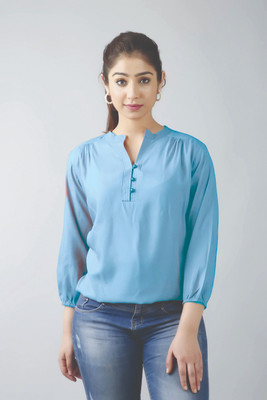 FASHION FALCON Casual Solid Women Light Blue Top