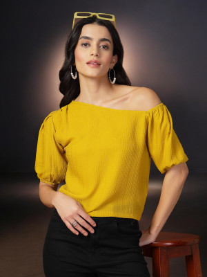 KATLINE Casual Self Design Women Yellow Top