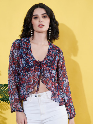 ANVI Be Yourself Casual Floral Print Women Dark Blue Top