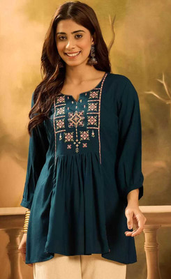 SORTHIYA GROUP Casual Embroidered Women Light Blue Top