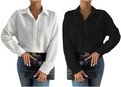 Leriya Fashion Women Self Design Casual White, Black Shirt(Pack of 2)