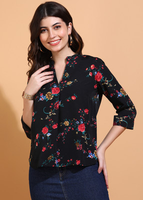 HERE&NOW Casual Floral Print Women Black Top