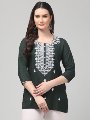 STYLE PREZONE Casual Embroidered Women Dark Green Top